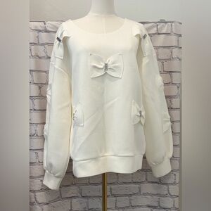 Anthropology Maeve :L Ivory Bow Accent Scuba Sweatshirt Cut Collar